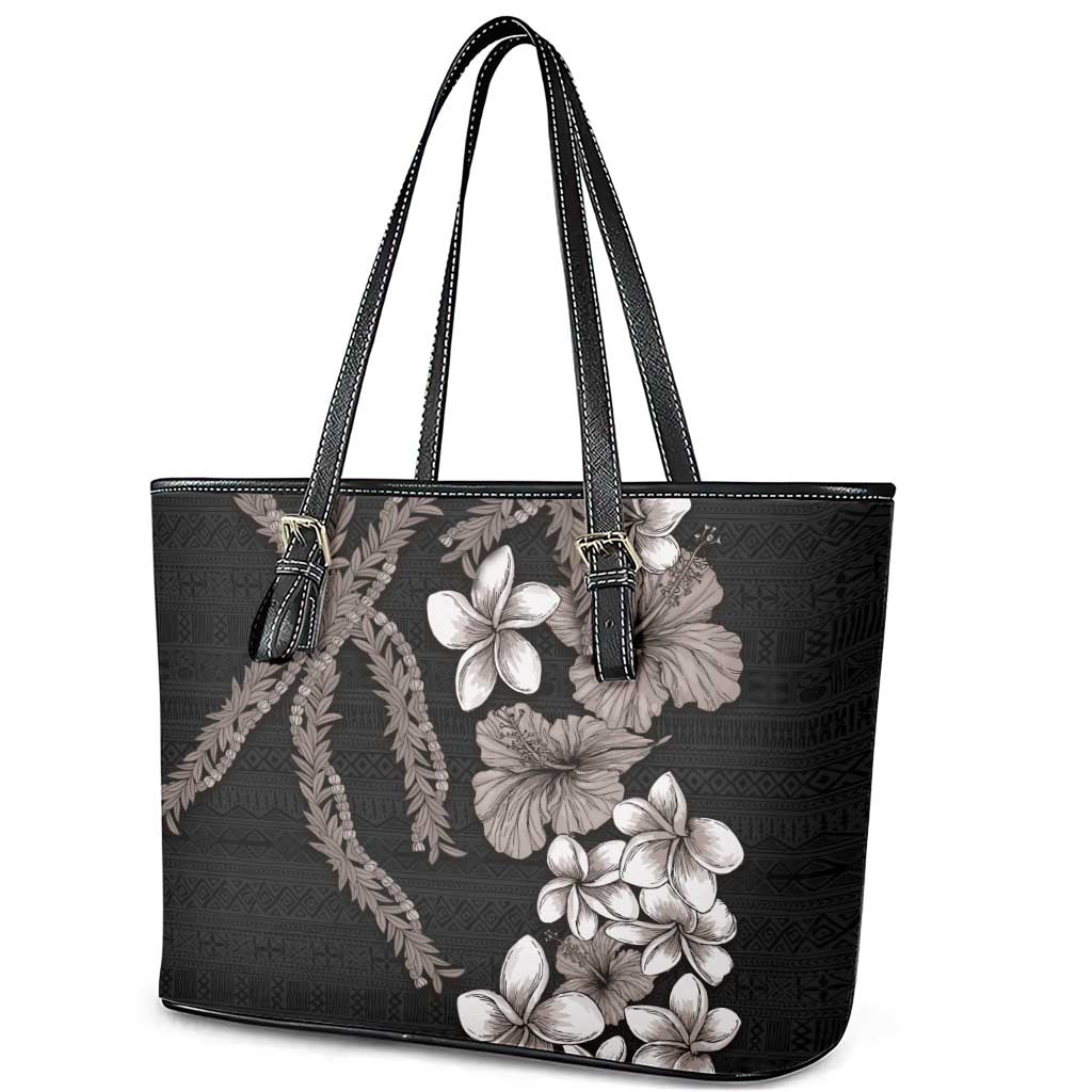 Hawaiian Tropical Flowers and Maile Pikake Leather Tote Bag Polynesian Tribal Pattern Grayscale Mode
