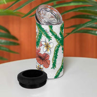 Hawaiian Tropical Flowers and Maile Pikake 4 in 1 Can Cooler Tumbler Polynesian Tribal Pattern White Color