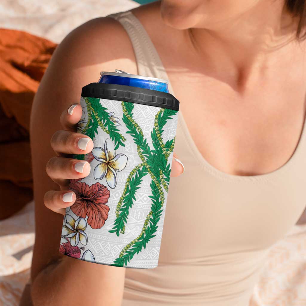 Hawaiian Tropical Flowers and Maile Pikake 4 in 1 Can Cooler Tumbler Polynesian Tribal Pattern White Color