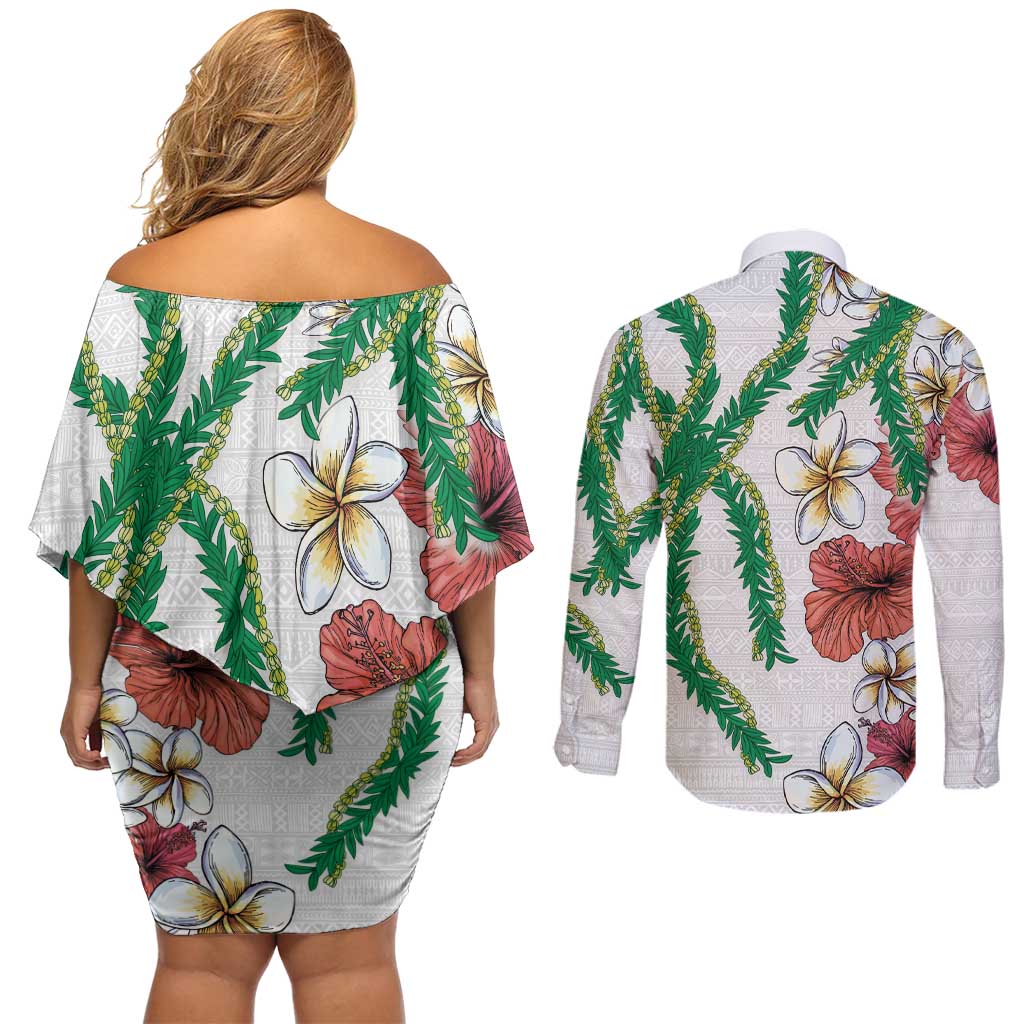 Hawaiian Tropical Flowers and Maile Pikake Couples Matching Off Shoulder Short Dress and Long Sleeve Button Shirt Polynesian Tribal Pattern White Color LT03