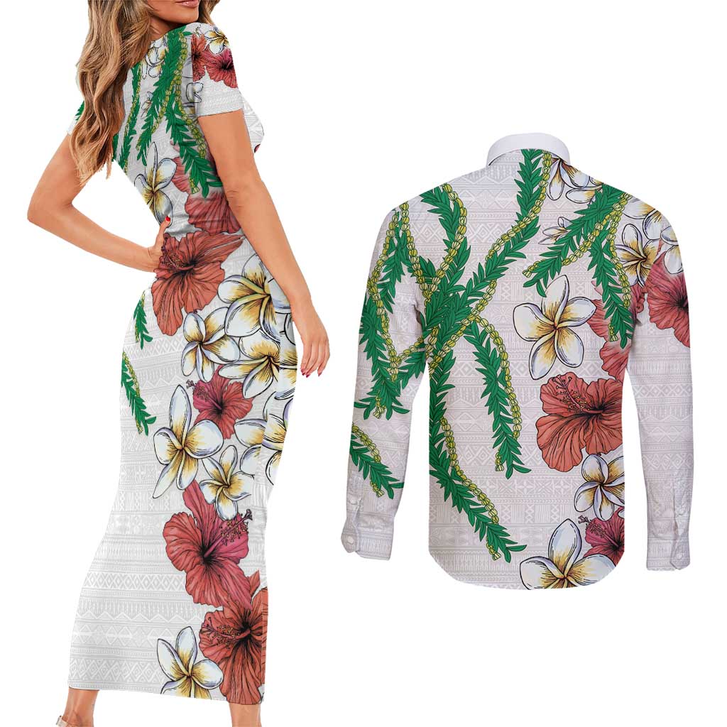 Hawaiian Tropical Flowers and Maile Pikake Couples Matching Short Sleeve Bodycon Dress and Long Sleeve Button Shirt Polynesian Tribal Pattern White Color