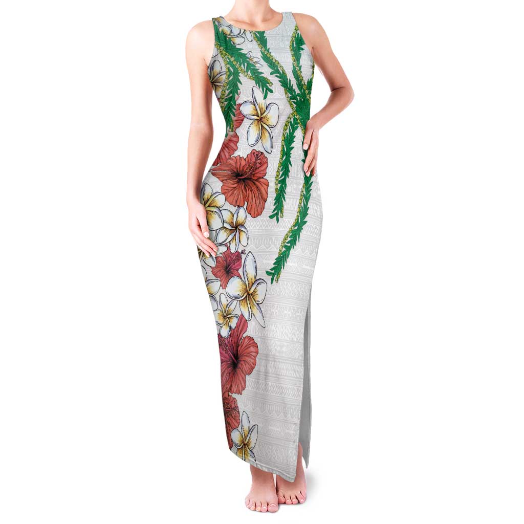Hawaiian Tropical Flowers and Maile Pikake Family Matching Tank Maxi Dress and Hawaiian Shirt Polynesian Tribal Pattern White Color