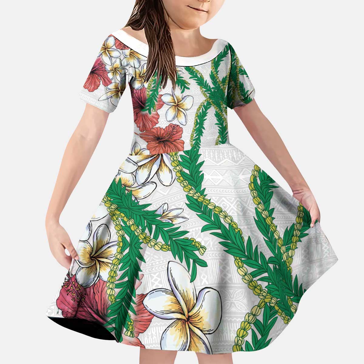 Hawaiian Tropical Flowers and Maile Pikake Kid Short Sleeve Dress Polynesian Tribal Pattern White Color LT03 KID White - Polynesian Pride