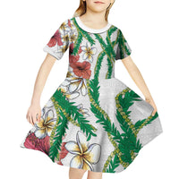 Hawaiian Tropical Flowers and Maile Pikake Kid Short Sleeve Dress Polynesian Tribal Pattern White Color LT03 - Polynesian Pride