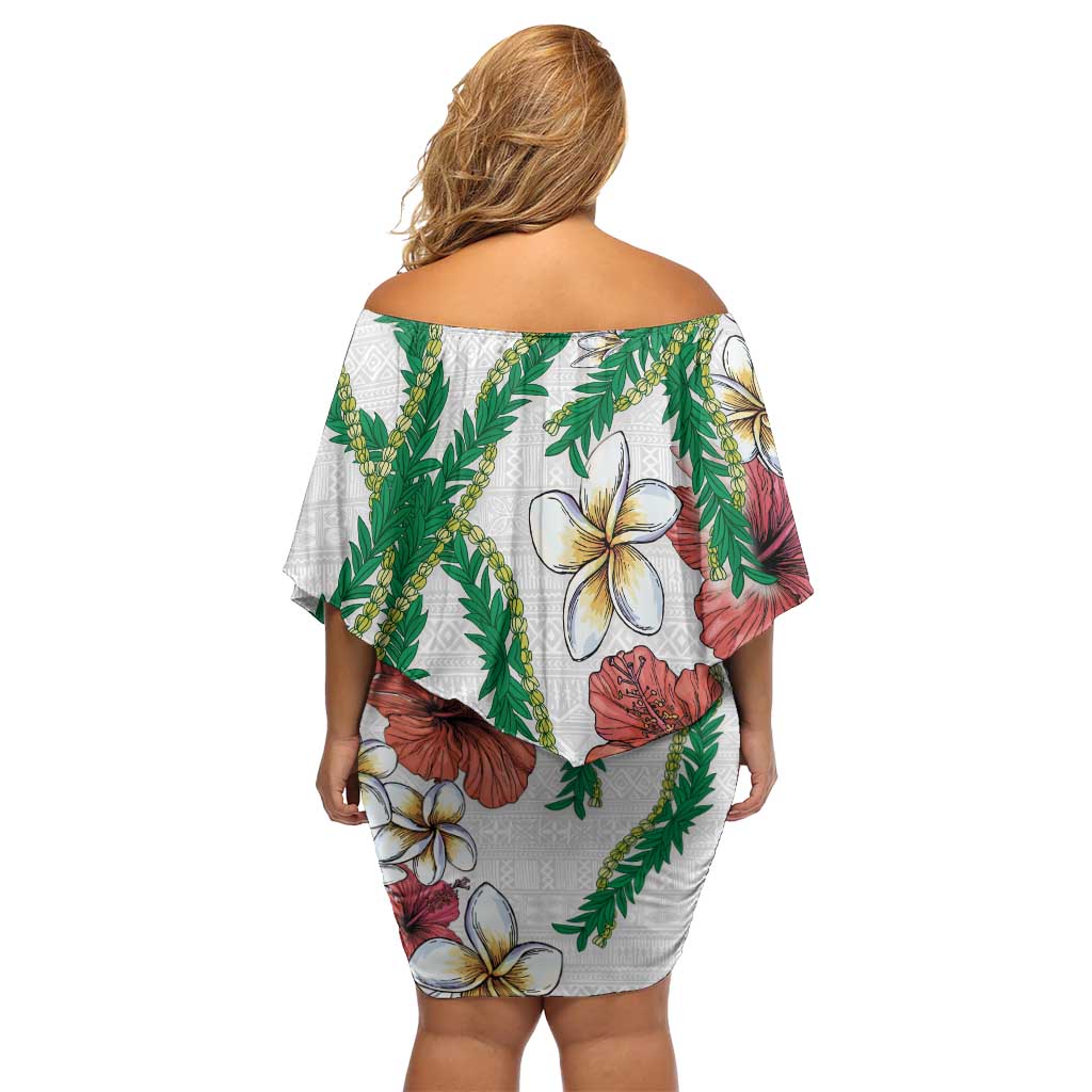 Hawaiian Tropical Flowers and Maile Pikake Off Shoulder Short Dress Polynesian Tribal Pattern White Color LT03 - Polynesian Pride