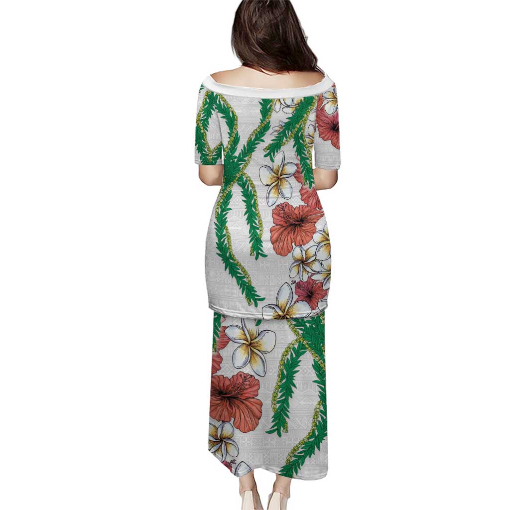 Hawaiian Tropical Flowers and Maile Pikake Puletasi Polynesian Tribal Pattern White Color