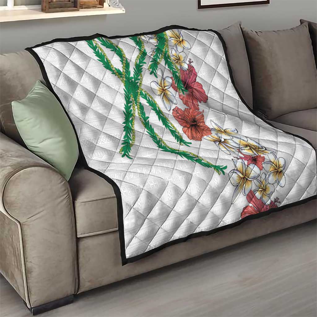 Hawaiian Tropical Flowers and Maile Pikake Quilt Polynesian Tribal Pattern White Color