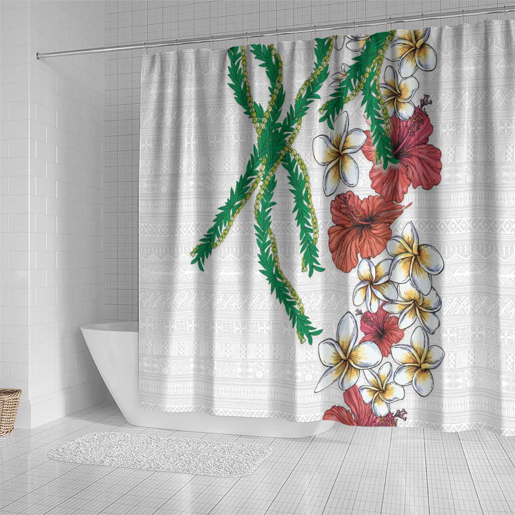 Hawaiian Tropical Flowers and Maile Pikake Shower Curtain Polynesian Tribal Pattern White Color