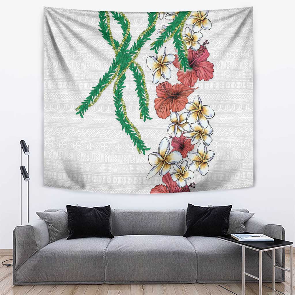 Hawaiian Tropical Flowers and Maile Pikake Tapestry Polynesian Tribal Pattern White Color LT03 White - Polynesian Pride