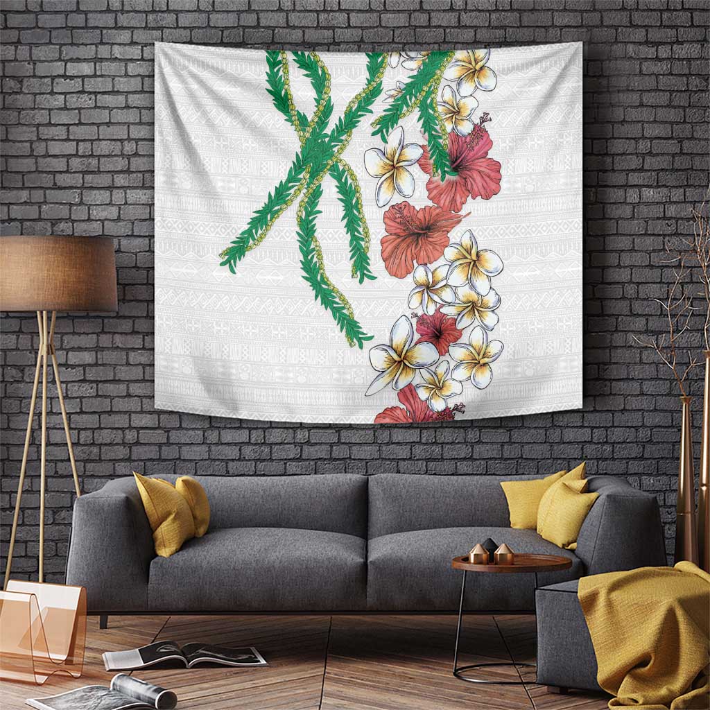 Hawaiian Tropical Flowers and Maile Pikake Tapestry Polynesian Tribal Pattern White Color LT03 - Polynesian Pride