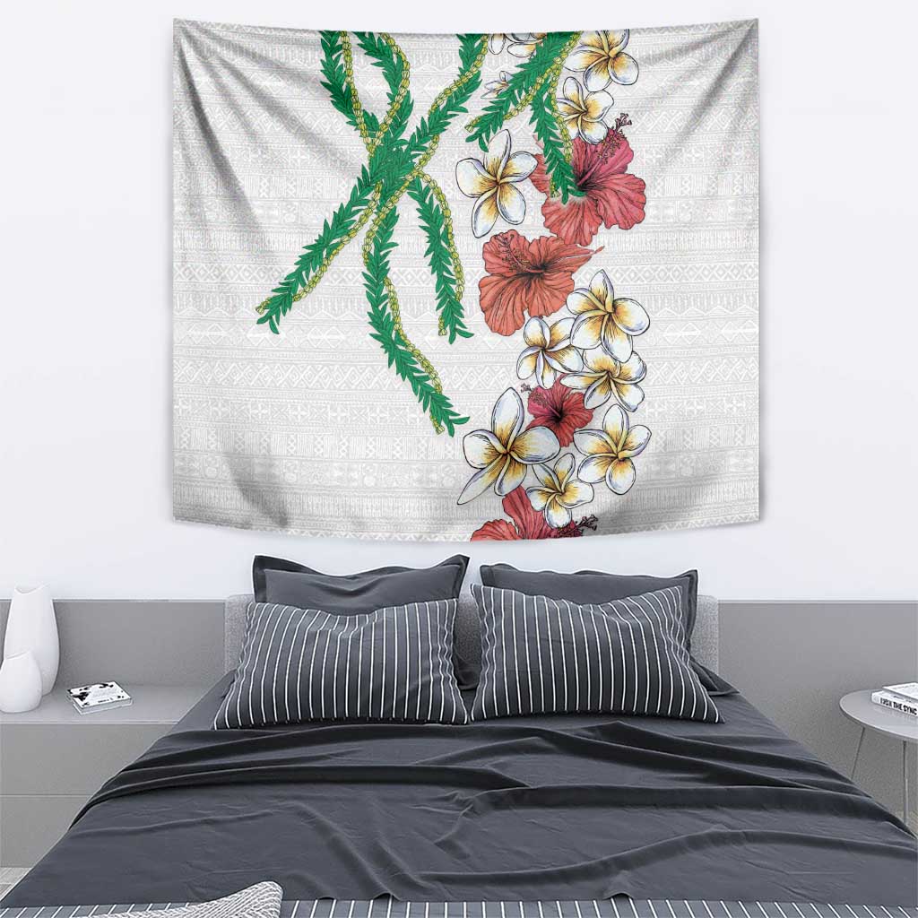 Hawaiian Tropical Flowers and Maile Pikake Tapestry Polynesian Tribal Pattern White Color LT03 - Polynesian Pride