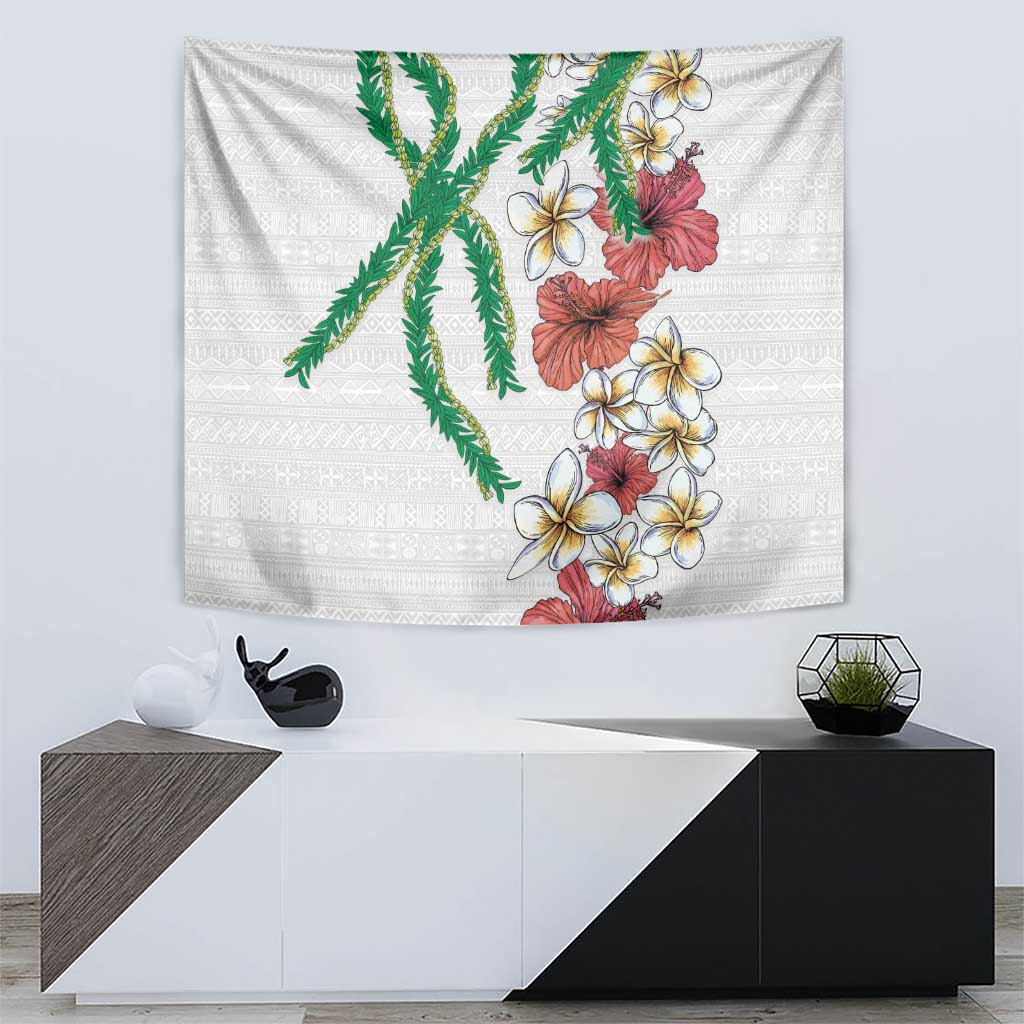 Hawaiian Tropical Flowers and Maile Pikake Tapestry Polynesian Tribal Pattern White Color LT03 - Polynesian Pride