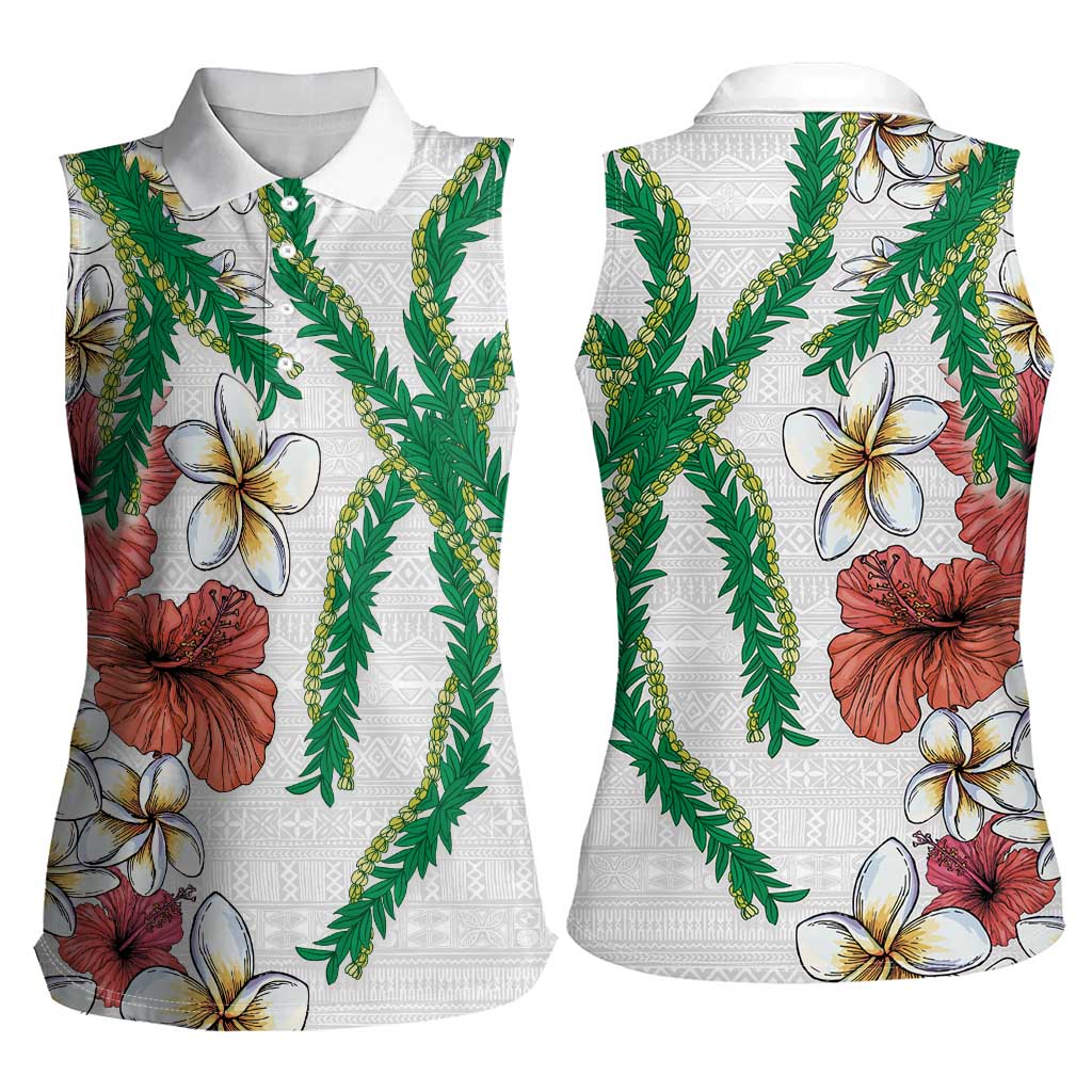 Hawaiian Tropical Flowers and Maile Pikake Women Sleeveless Polo Shirt Polynesian Tribal Pattern White Color