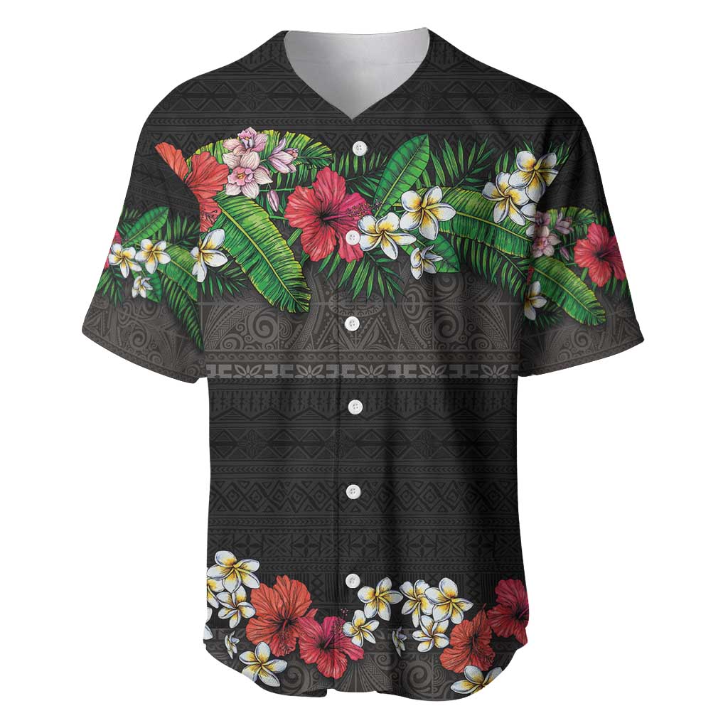Hawaiian Tropical Flowers and Tribal Polynesian Tattoo Baseball Jersey Black Color LT03 Black - Polynesian Pride