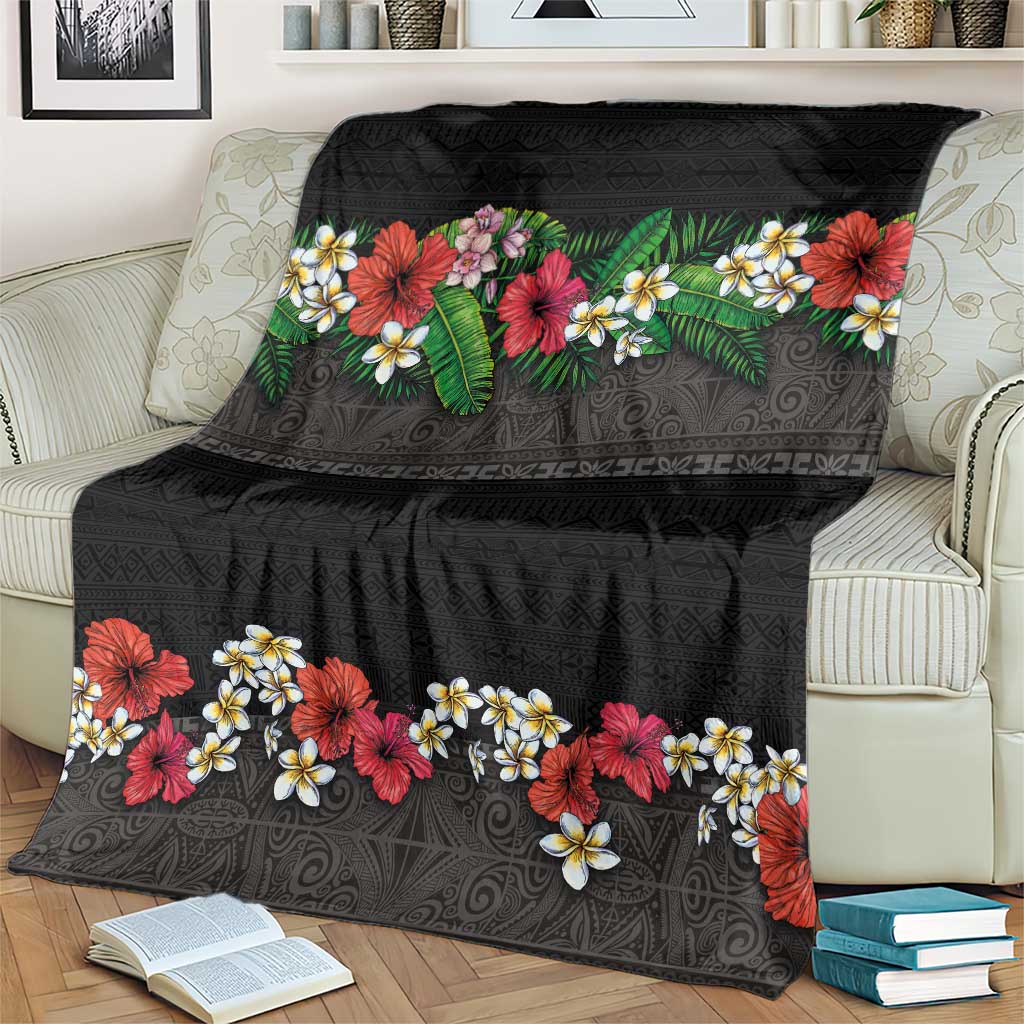 Hawaiian Tropical Flowers and Tribal Polynesian Tattoo Blanket Black Color