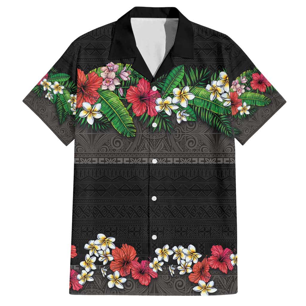 Hawaiian Tropical Flowers and Tribal Polynesian Tattoo Family Matching Long Sleeve Bodycon Dress and Hawaiian Shirt Black Color