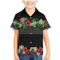 Hawaiian Tropical Flowers and Tribal Polynesian Tattoo Family Matching Mermaid Dress and Hawaiian Shirt Black Color
