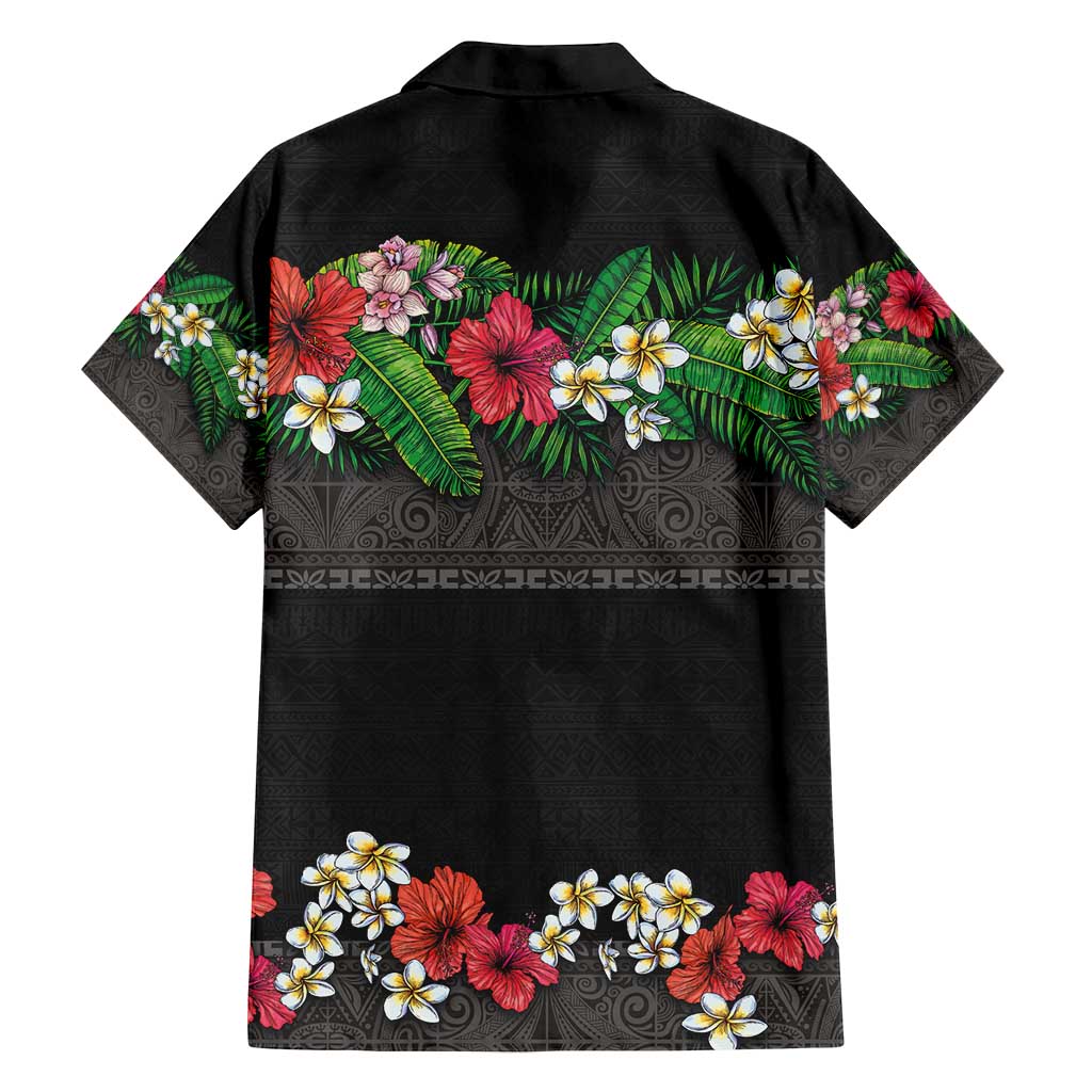 Hawaiian Tropical Flowers and Tribal Polynesian Tattoo Family Matching Tank Maxi Dress and Hawaiian Shirt Black Color