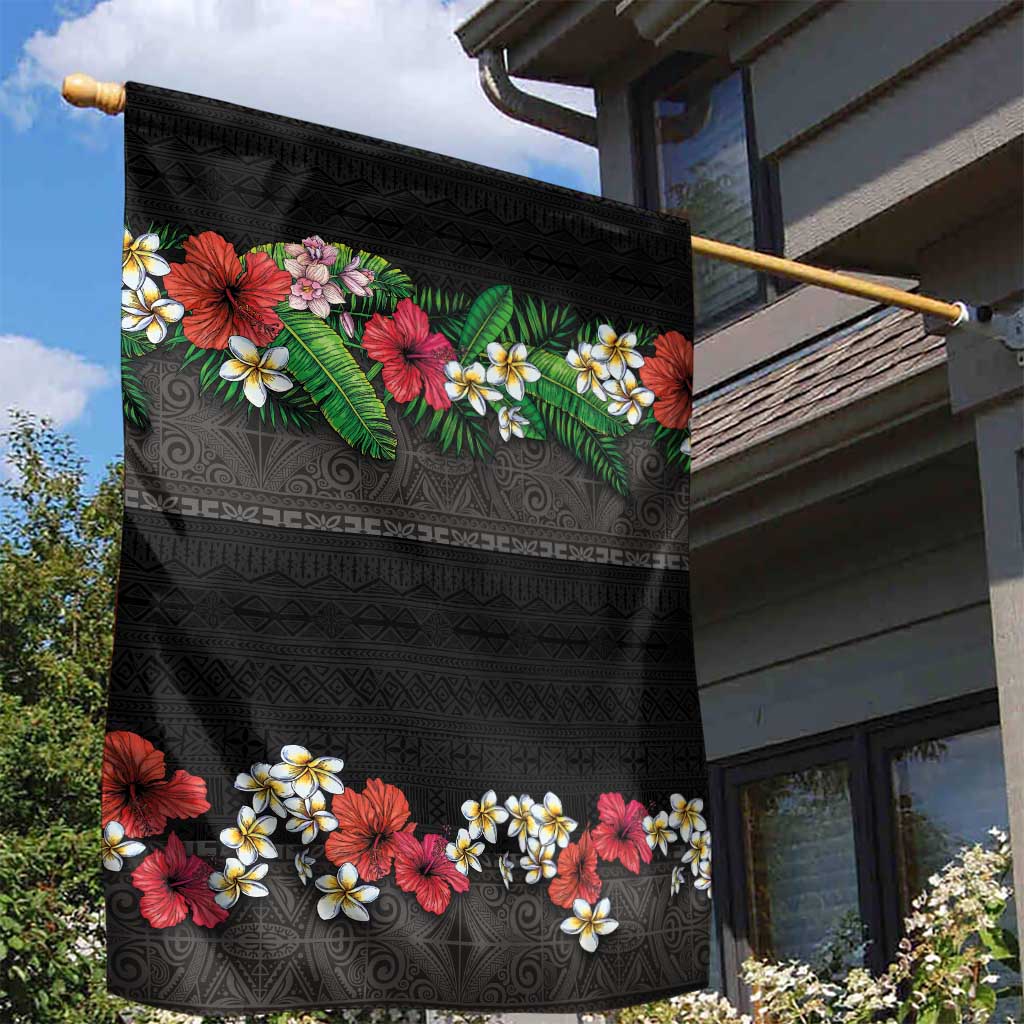Hawaiian Tropical Flowers and Tribal Polynesian Tattoo Garden Flag Black Color LT03 - Polynesian Pride