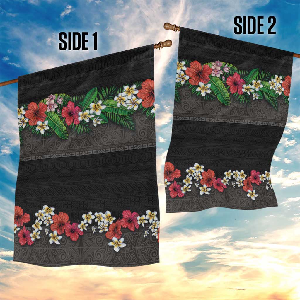 Hawaiian Tropical Flowers and Tribal Polynesian Tattoo Garden Flag Black Color LT03 - Polynesian Pride