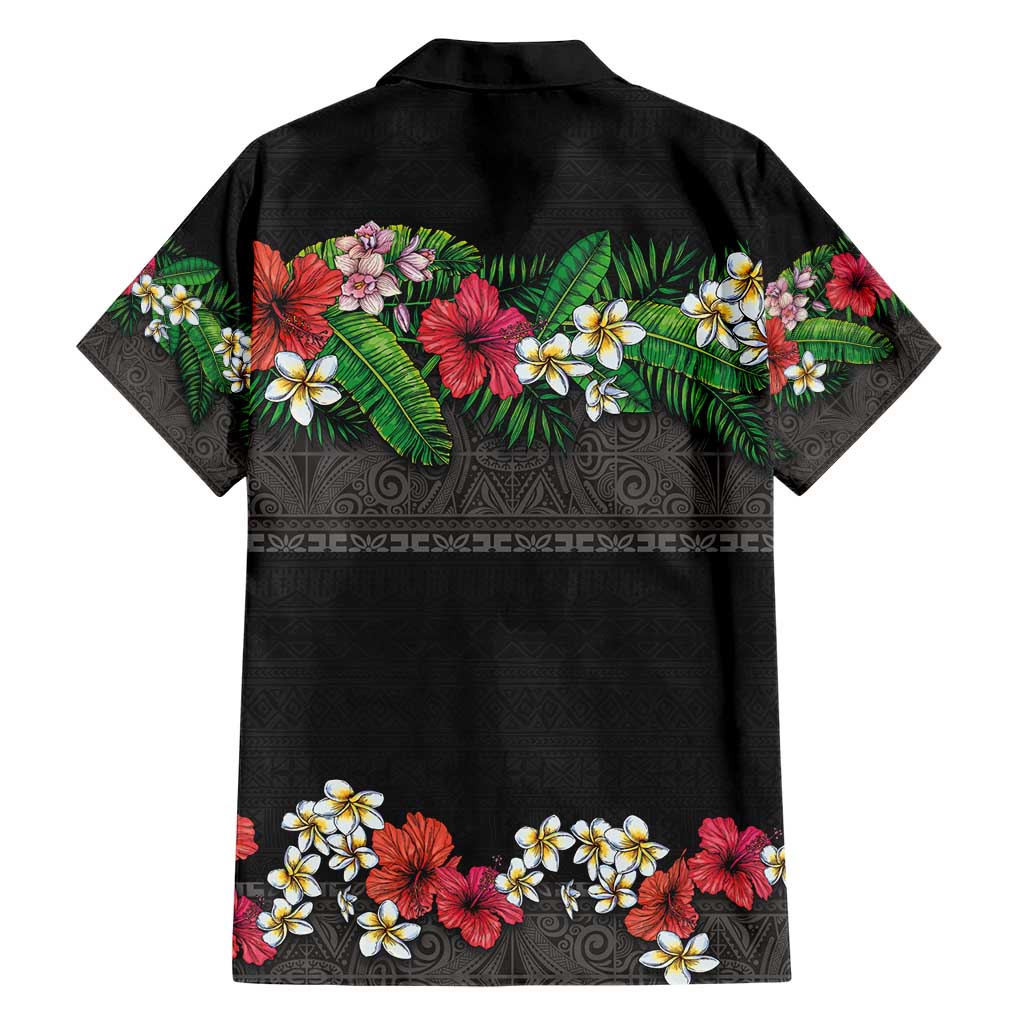 Hawaiian Tropical Flowers and Tribal Polynesian Tattoo Hawaiian Shirt Black Color