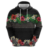 Hawaiian Tropical Flowers and Tribal Polynesian Tattoo Hoodie Black Color