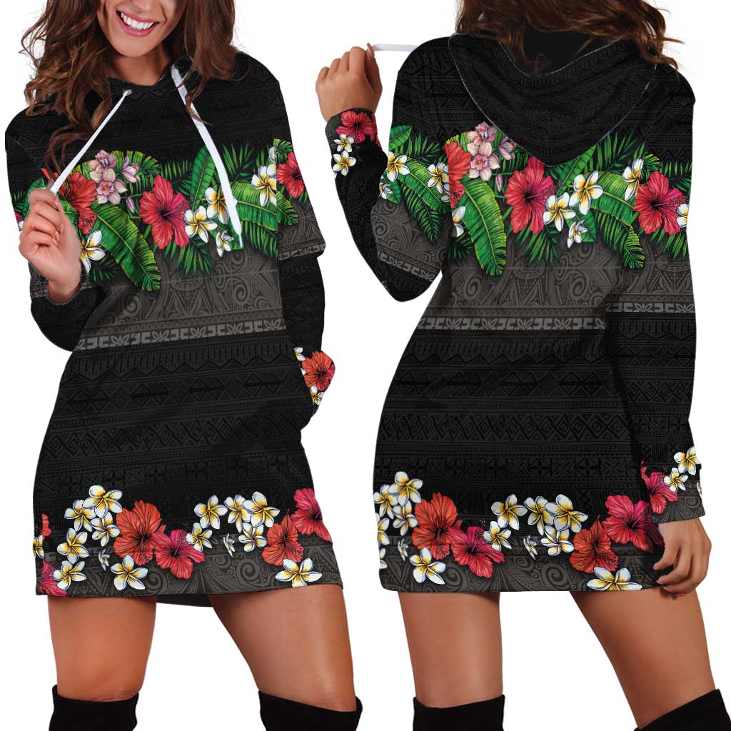 Hawaiian Tropical Flowers and Tribal Polynesian Tattoo Hoodie Dress Black Color