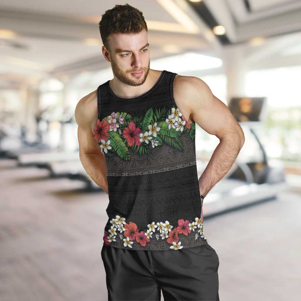 Hawaiian Tropical Flowers and Tribal Polynesian Tattoo Men Tank Top Black Color