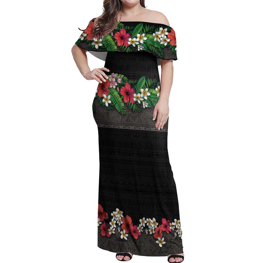 Hawaiian Tropical Flowers and Tribal Polynesian Tattoo Off Shoulder Maxi Dress Black Color LT03 Women Black - Polynesian Pride
