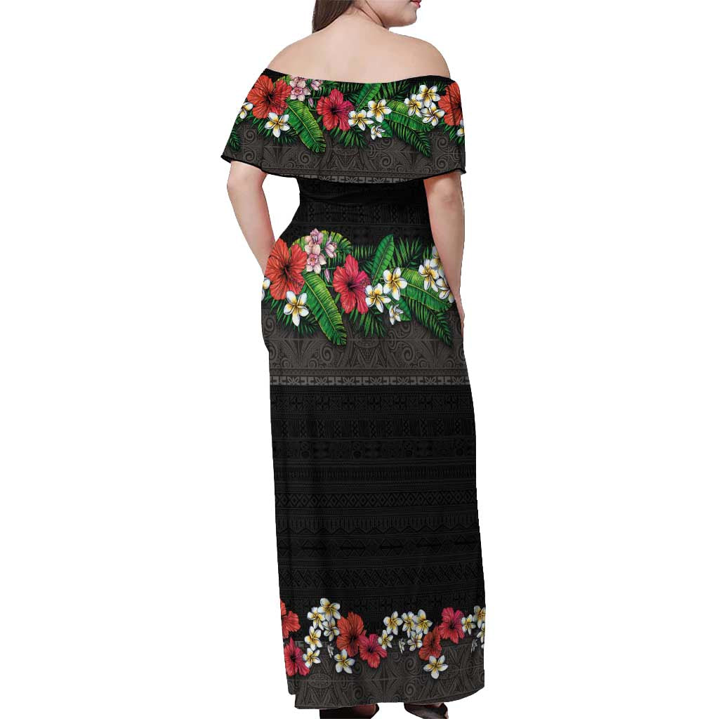 Hawaiian Tropical Flowers and Tribal Polynesian Tattoo Off Shoulder Maxi Dress Black Color LT03 - Polynesian Pride