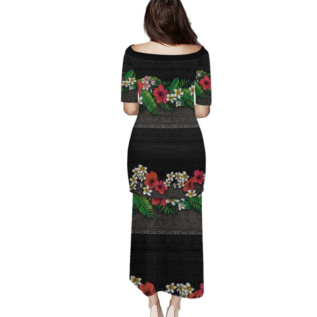 Hawaiian Tropical Flowers and Tribal Polynesian Tattoo Puletasi Black Color