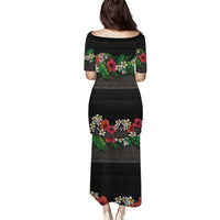 Hawaiian Tropical Flowers and Tribal Polynesian Tattoo Puletasi Black Color