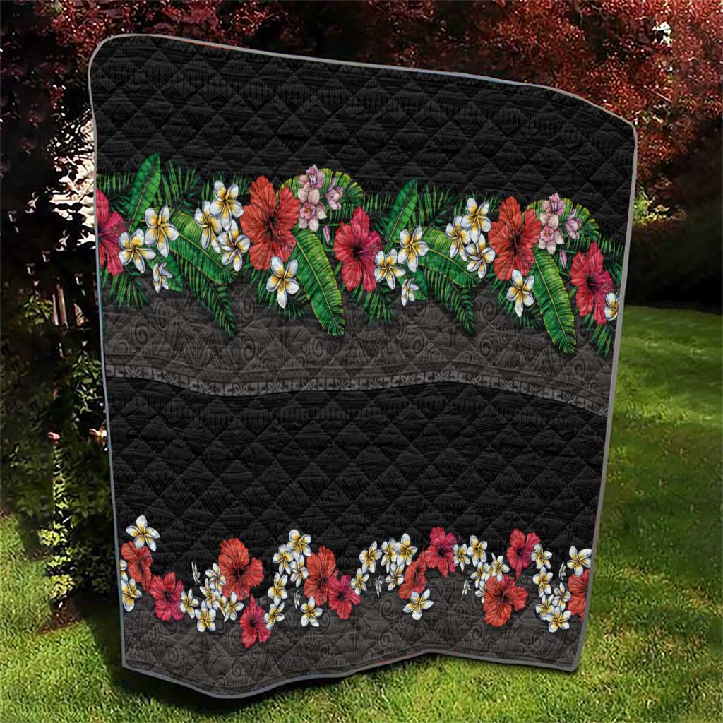 Hawaiian Tropical Flowers and Tribal Polynesian Tattoo Quilt Black Color