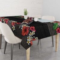 Hawaiian Tropical Flowers and Tribal Polynesian Tattoo Tablecloth Black Color
