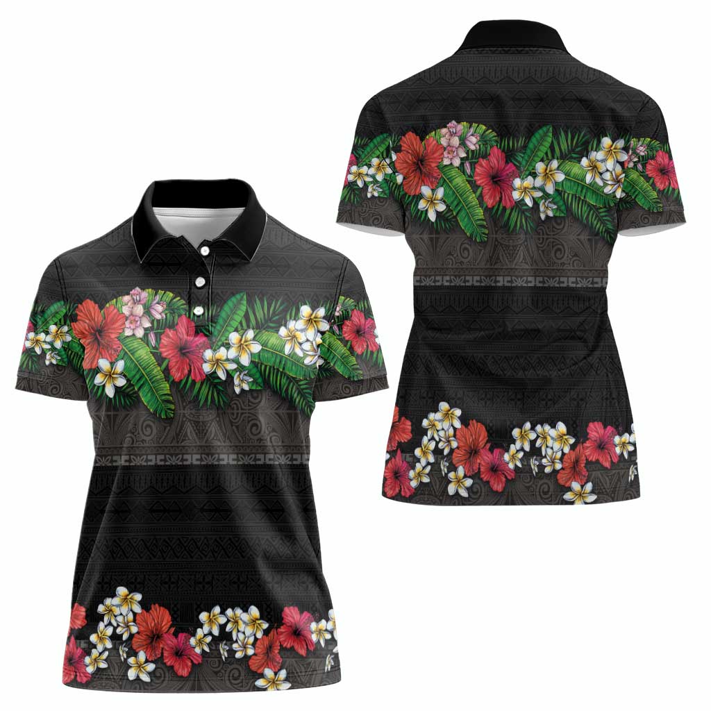 Hawaiian Tropical Flowers and Tribal Polynesian Tattoo Women Polo Shirt Black Color
