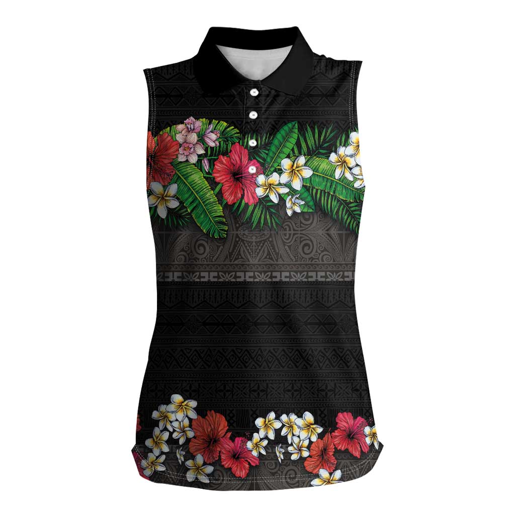 Hawaiian Tropical Flowers and Tribal Polynesian Tattoo Women Sleeveless Polo Shirt Black Color LT03 Female Black - Polynesian Pride