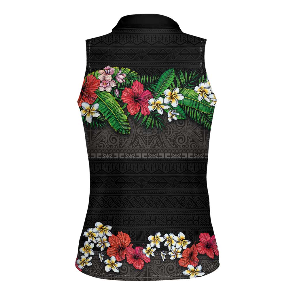 Hawaiian Tropical Flowers and Tribal Polynesian Tattoo Women Sleeveless Polo Shirt Black Color LT03 - Polynesian Pride
