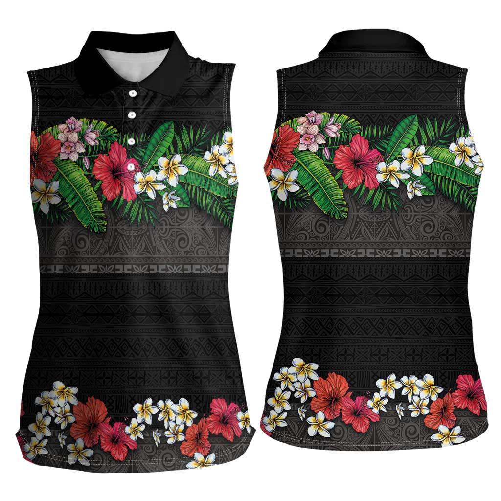 Hawaiian Tropical Flowers and Tribal Polynesian Tattoo Women Sleeveless Polo Shirt Black Color LT03 - Polynesian Pride