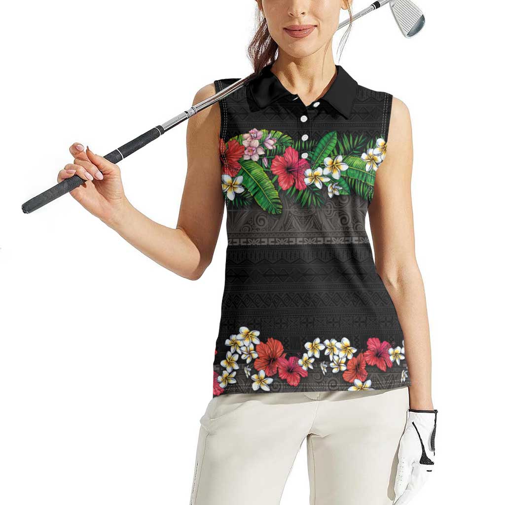 Hawaiian Tropical Flowers and Tribal Polynesian Tattoo Women Sleeveless Polo Shirt Black Color LT03 - Polynesian Pride