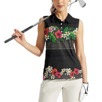 Hawaiian Tropical Flowers and Tribal Polynesian Tattoo Women Sleeveless Polo Shirt Black Color LT03 - Polynesian Pride