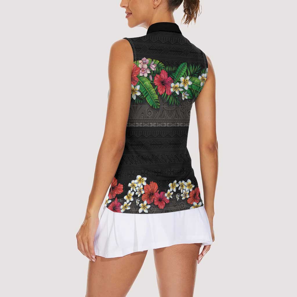 Hawaiian Tropical Flowers and Tribal Polynesian Tattoo Women Sleeveless Polo Shirt Black Color LT03 - Polynesian Pride