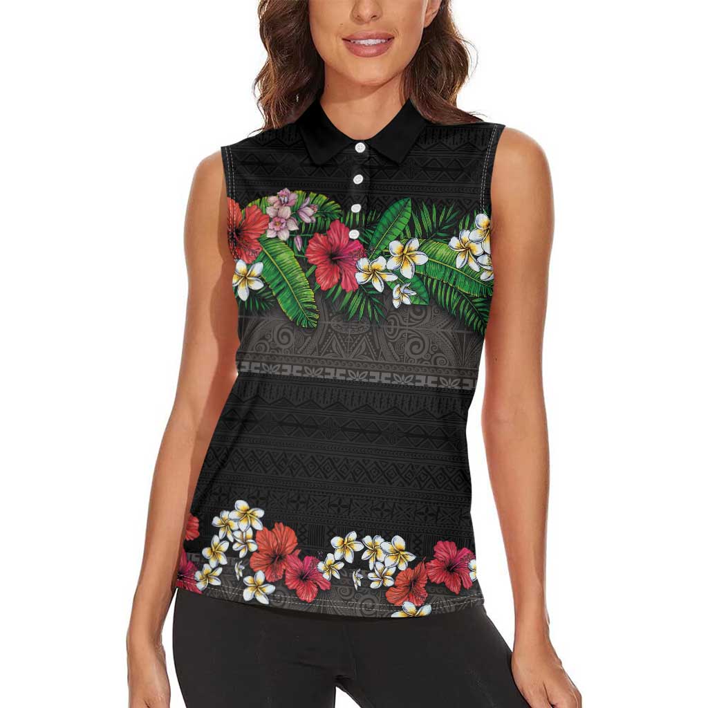 Hawaiian Tropical Flowers and Tribal Polynesian Tattoo Women Sleeveless Polo Shirt Black Color LT03 - Polynesian Pride