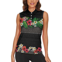 Hawaiian Tropical Flowers and Tribal Polynesian Tattoo Women Sleeveless Polo Shirt Black Color LT03 - Polynesian Pride
