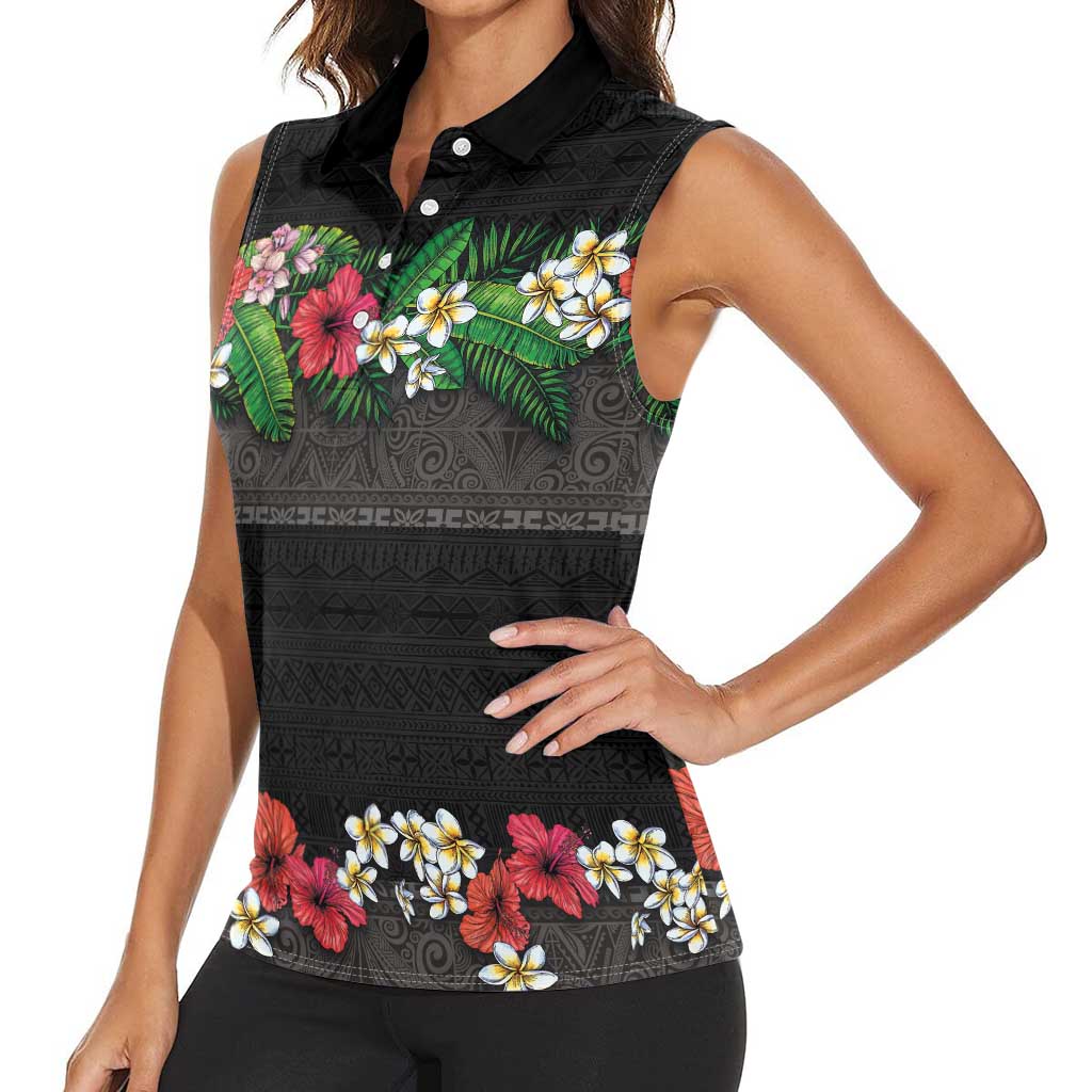 Hawaiian Tropical Flowers and Tribal Polynesian Tattoo Women Sleeveless Polo Shirt Black Color LT03 - Polynesian Pride