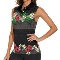 Hawaiian Tropical Flowers and Tribal Polynesian Tattoo Women Sleeveless Polo Shirt Black Color LT03 - Polynesian Pride