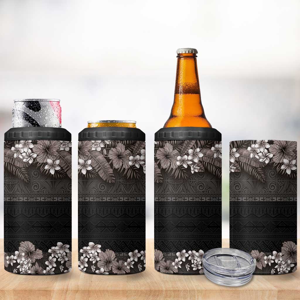 Hawaiian Tropical Flowers and Tribal Polynesian Tattoo 4 in 1 Can Cooler Tumbler Grayscale Mode