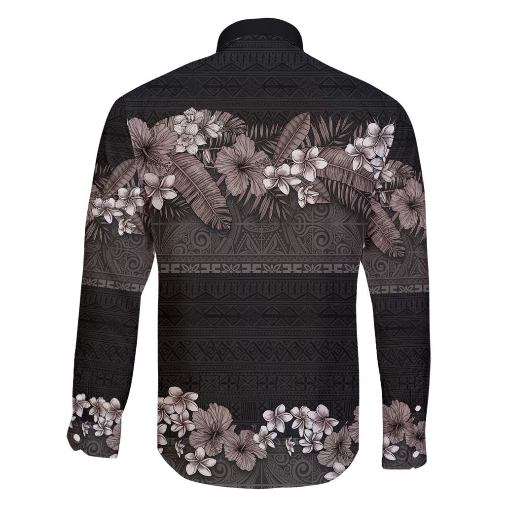 Hawaiian Tropical Flowers and Tribal Polynesian Tattoo Family Matching Long Sleeve Bodycon Dress and Hawaiian Shirt Grayscale Mode