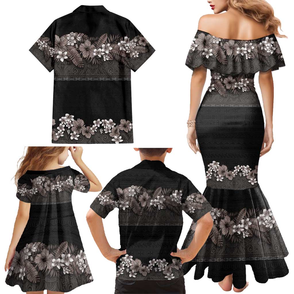 Hawaiian Tropical Flowers and Tribal Polynesian Tattoo Family Matching Mermaid Dress and Hawaiian Shirt Grayscale Mode