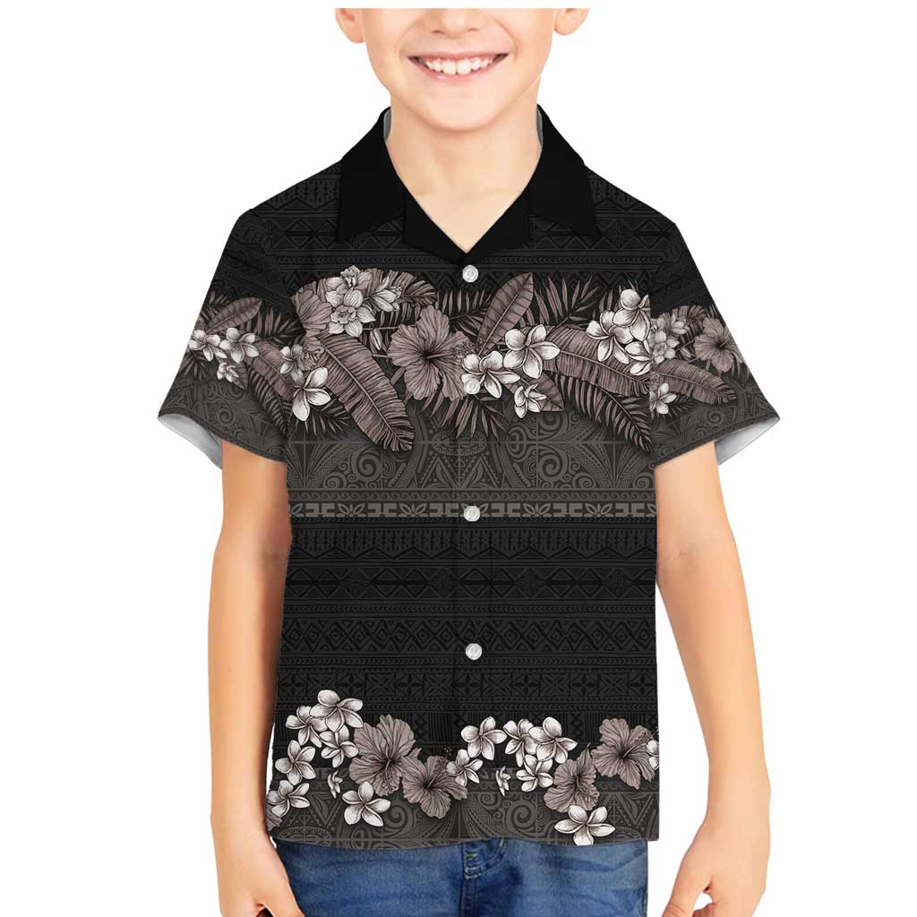 Hawaiian Tropical Flowers and Tribal Polynesian Tattoo Family Matching Mermaid Dress and Hawaiian Shirt Grayscale Mode