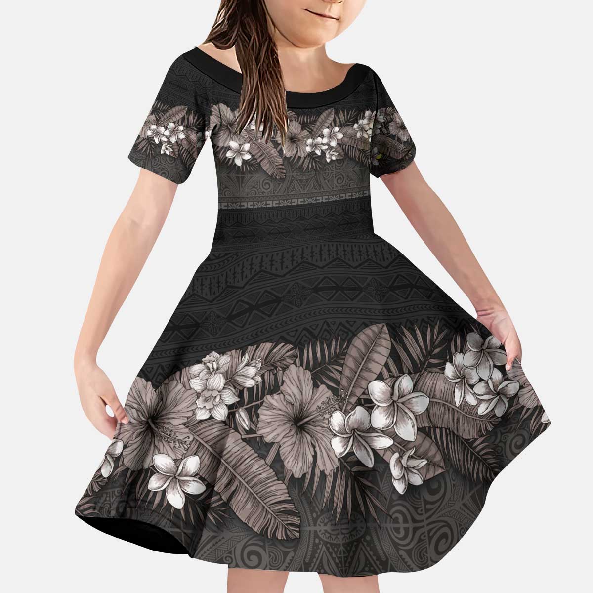 Hawaiian Tropical Flowers and Tribal Polynesian Tattoo Kid Short Sleeve Dress Grayscale Mode LT03 KID Black - Polynesian Pride